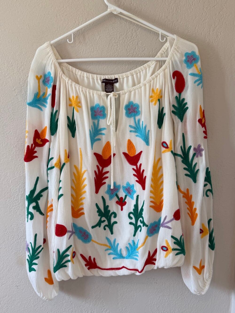 Womens Chelsea & Theodore Peasant Embroidered Floral White Top Blouse Shirt Sz L